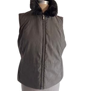 Ann Taylor Vest with Faux Fur Collar size LG PET Brown Insulated glam
